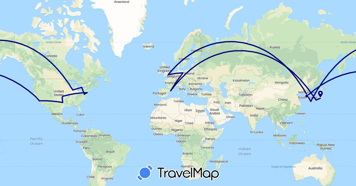 TravelMap itinerary: driving in Canada, Germany, Spain, United Kingdom, Japan, South Korea, United States (Asia, Europe, North America)